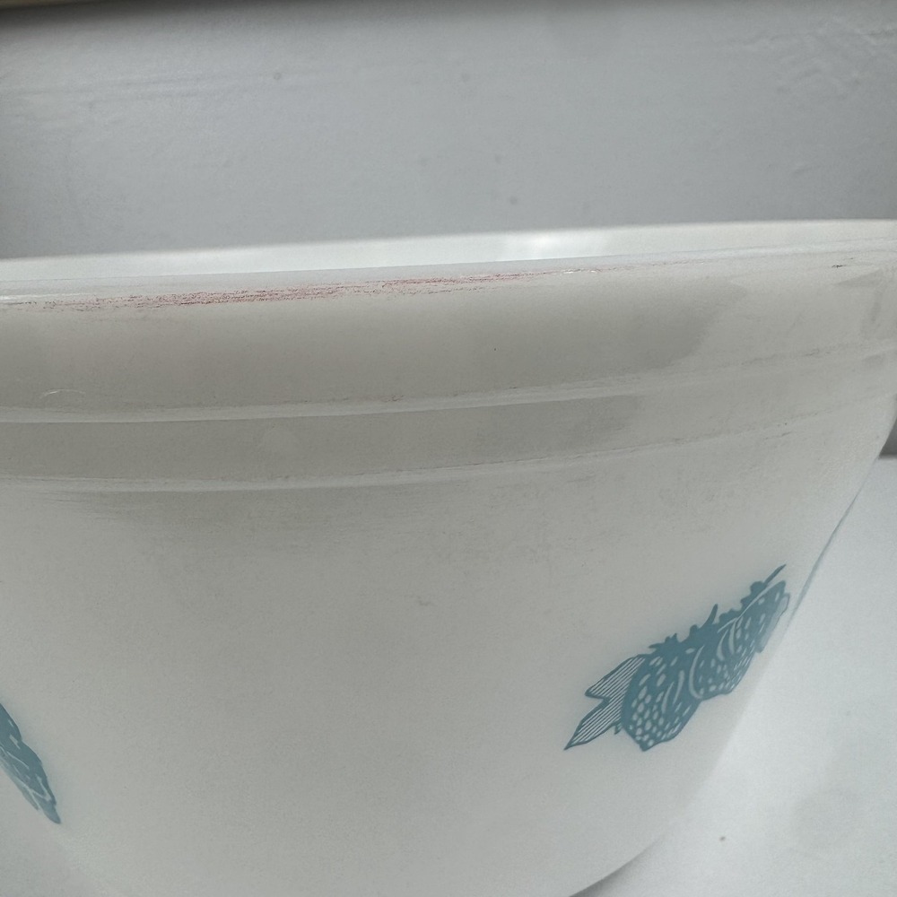 Vintage Federal Glass White Mixing Bowl Blue Fruit Nature Print Milk Glass USA - Picture 12 of 15
